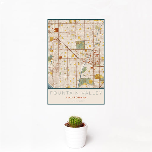 12x18 Fountain Valley California Map Print Portrait Orientation in Woodblock Style With Small Cactus Plant in White Planter