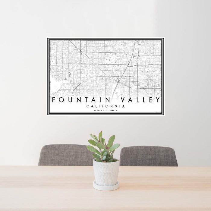 24x36 Fountain Valley California Map Print Lanscape Orientation in Classic Style Behind 2 Chairs Table and Potted Plant