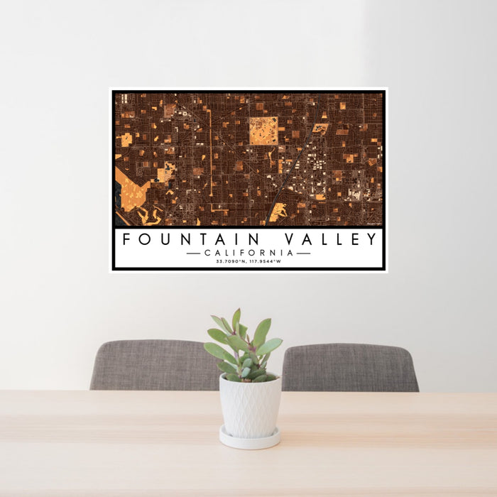 24x36 Fountain Valley California Map Print Lanscape Orientation in Ember Style Behind 2 Chairs Table and Potted Plant