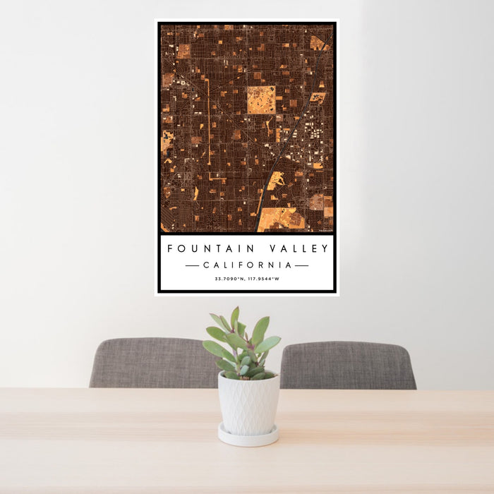 24x36 Fountain Valley California Map Print Portrait Orientation in Ember Style Behind 2 Chairs Table and Potted Plant