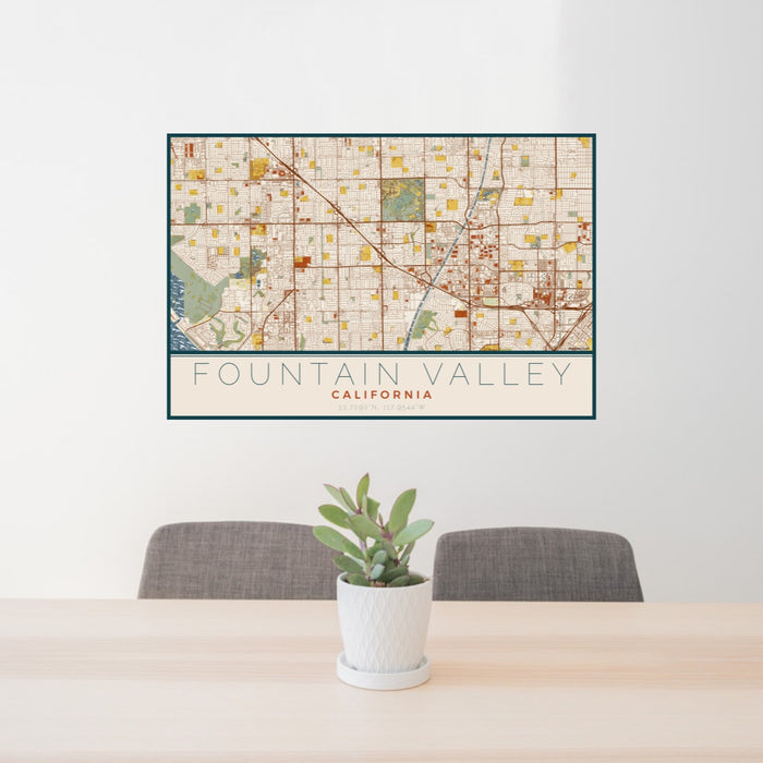 24x36 Fountain Valley California Map Print Lanscape Orientation in Woodblock Style Behind 2 Chairs Table and Potted Plant