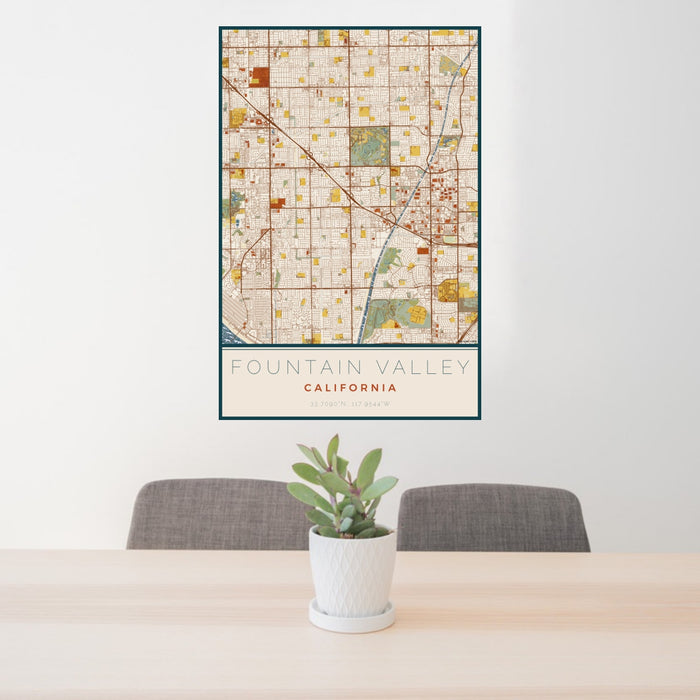 24x36 Fountain Valley California Map Print Portrait Orientation in Woodblock Style Behind 2 Chairs Table and Potted Plant