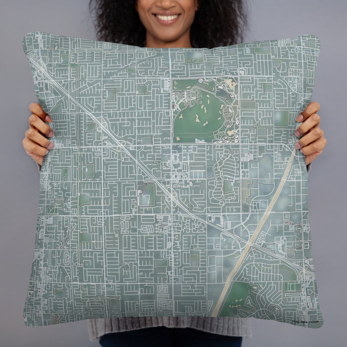 Person holding 22x22 Custom Fountain Valley California Map Throw Pillow in Afternoon