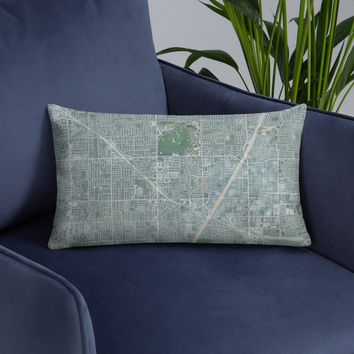 Custom Fountain Valley California Map Throw Pillow in Afternoon on Blue Colored Chair