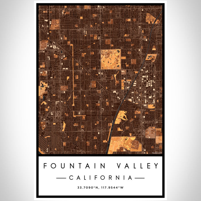 Fountain Valley California Map Print Portrait Orientation in Ember Style With Shaded Background