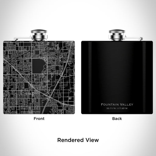 Rendered View of Fountain Valley California Map Engraving on 6oz Stainless Steel Flask in Black