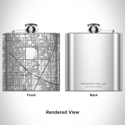 Rendered View of Fountain Valley California Map Engraving on 6oz Stainless Steel Flask
