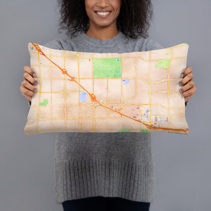 Person holding 20x12 Custom Fountain Valley California Map Throw Pillow in Watercolor