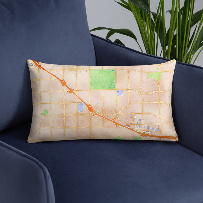 Custom Fountain Valley California Map Throw Pillow in Watercolor on Blue Colored Chair