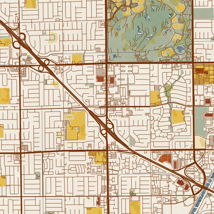 Fountain Valley California Map Print in Woodblock Style Zoomed In Close Up Showing Details