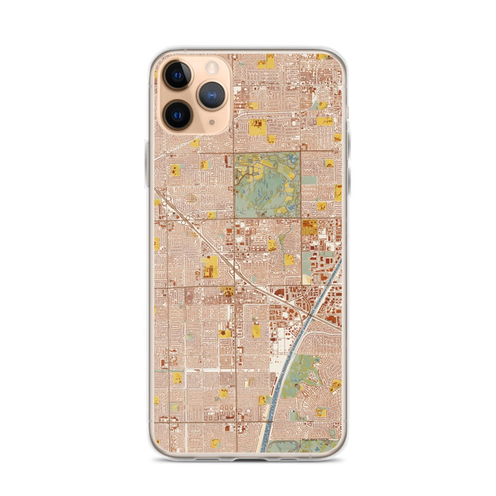 Custom iPhone 11 Pro Max Fountain Valley California Map Phone Case in Woodblock