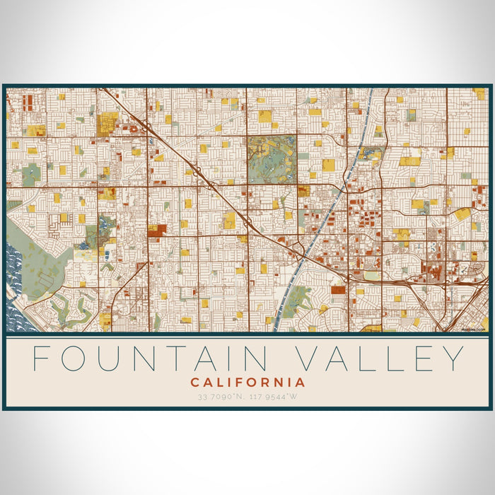 Fountain Valley California Map Print Landscape Orientation in Woodblock Style With Shaded Background