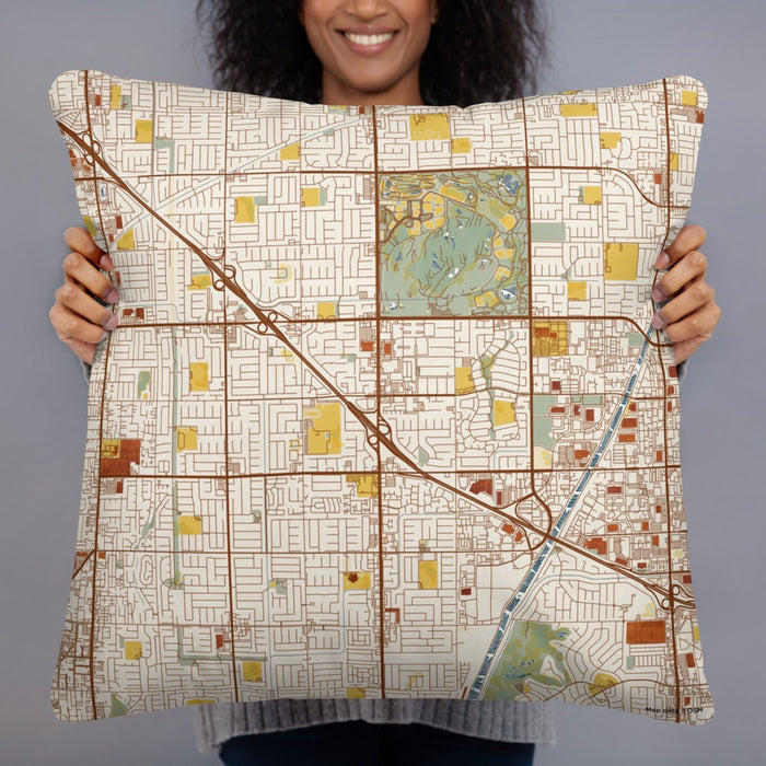 Person holding 22x22 Custom Fountain Valley California Map Throw Pillow in Woodblock