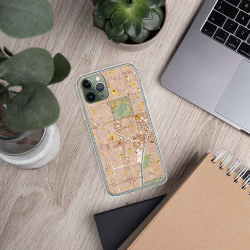 Custom Fountain Valley California Map Phone Case in Woodblock on Table with Laptop and Plant