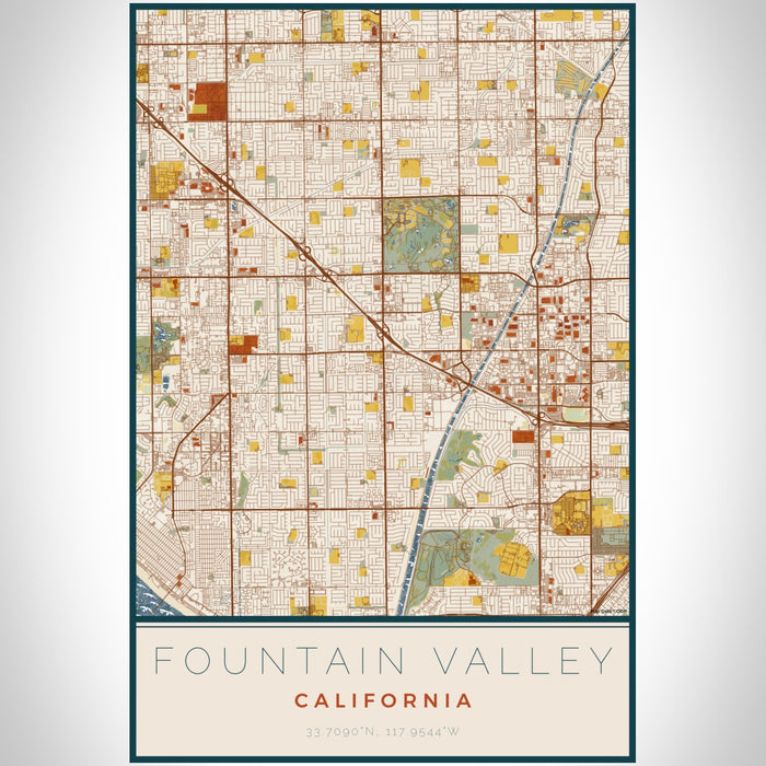 Fountain Valley California Map Print Portrait Orientation in Woodblock Style With Shaded Background