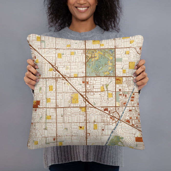 Person holding 18x18 Custom Fountain Valley California Map Throw Pillow in Woodblock