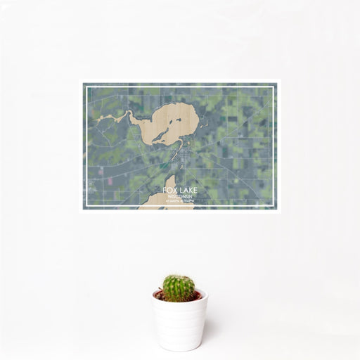 12x18 Fox Lake Wisconsin Map Print Landscape Orientation in Afternoon Style With Small Cactus Plant in White Planter