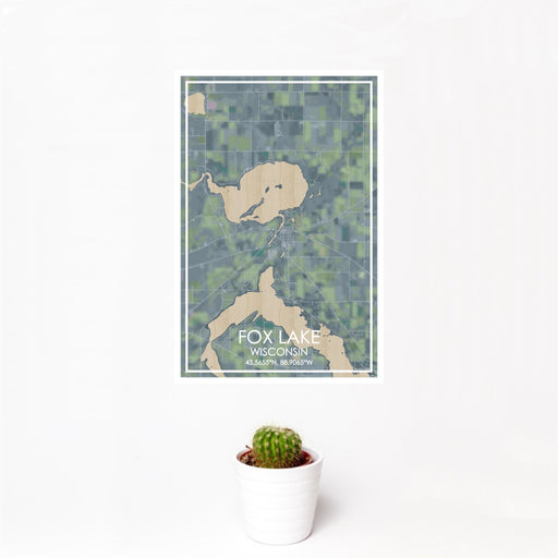 12x18 Fox Lake Wisconsin Map Print Portrait Orientation in Afternoon Style With Small Cactus Plant in White Planter