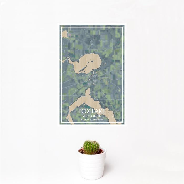 12x18 Fox Lake Wisconsin Map Print Portrait Orientation in Afternoon Style With Small Cactus Plant in White Planter