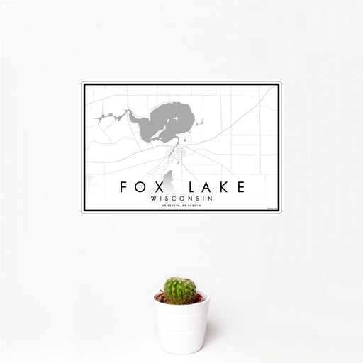 12x18 Fox Lake Wisconsin Map Print Landscape Orientation in Classic Style With Small Cactus Plant in White Planter