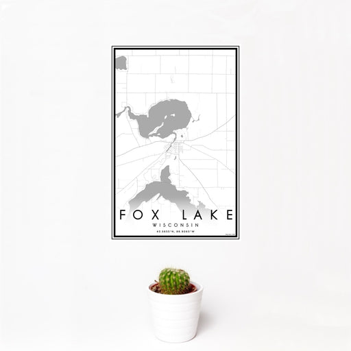 12x18 Fox Lake Wisconsin Map Print Portrait Orientation in Classic Style With Small Cactus Plant in White Planter