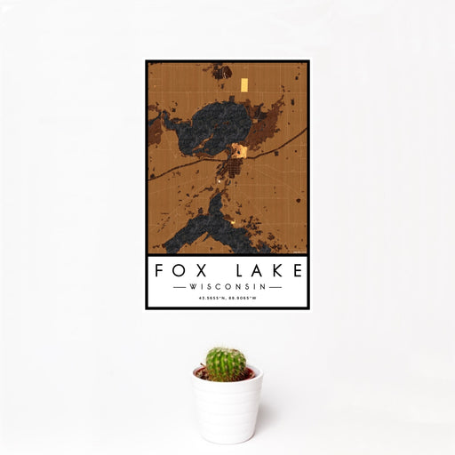 12x18 Fox Lake Wisconsin Map Print Portrait Orientation in Ember Style With Small Cactus Plant in White Planter