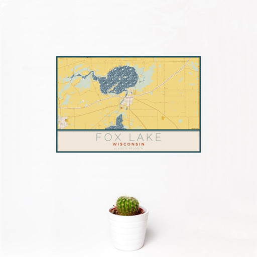 12x18 Fox Lake Wisconsin Map Print Landscape Orientation in Woodblock Style With Small Cactus Plant in White Planter