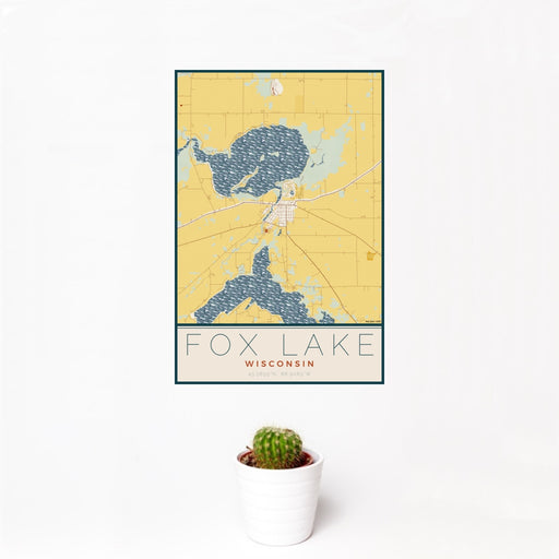 12x18 Fox Lake Wisconsin Map Print Portrait Orientation in Woodblock Style With Small Cactus Plant in White Planter