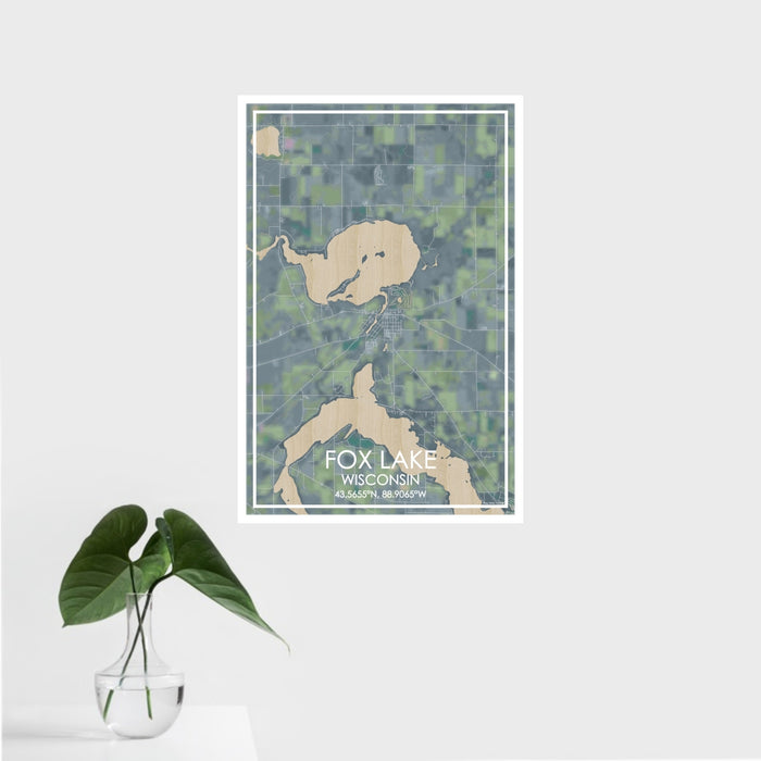 16x24 Fox Lake Wisconsin Map Print Portrait Orientation in Afternoon Style With Tropical Plant Leaves in Water