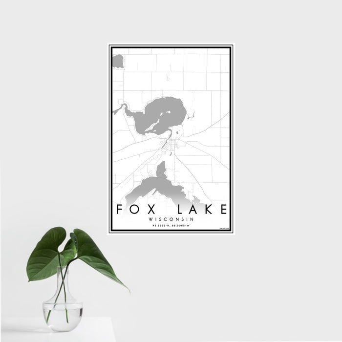 16x24 Fox Lake Wisconsin Map Print Portrait Orientation in Classic Style With Tropical Plant Leaves in Water