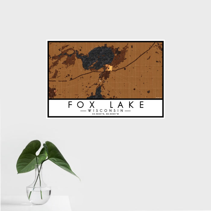 16x24 Fox Lake Wisconsin Map Print Landscape Orientation in Ember Style With Tropical Plant Leaves in Water