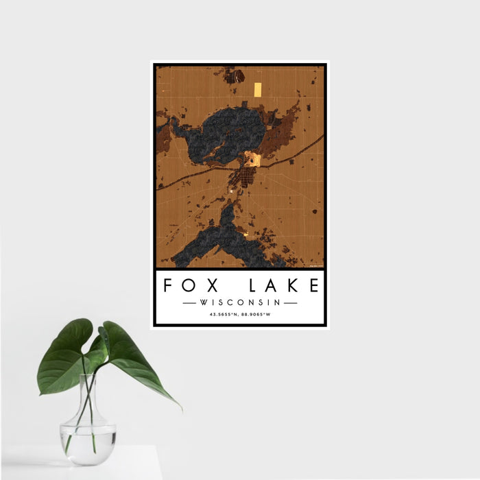 16x24 Fox Lake Wisconsin Map Print Portrait Orientation in Ember Style With Tropical Plant Leaves in Water