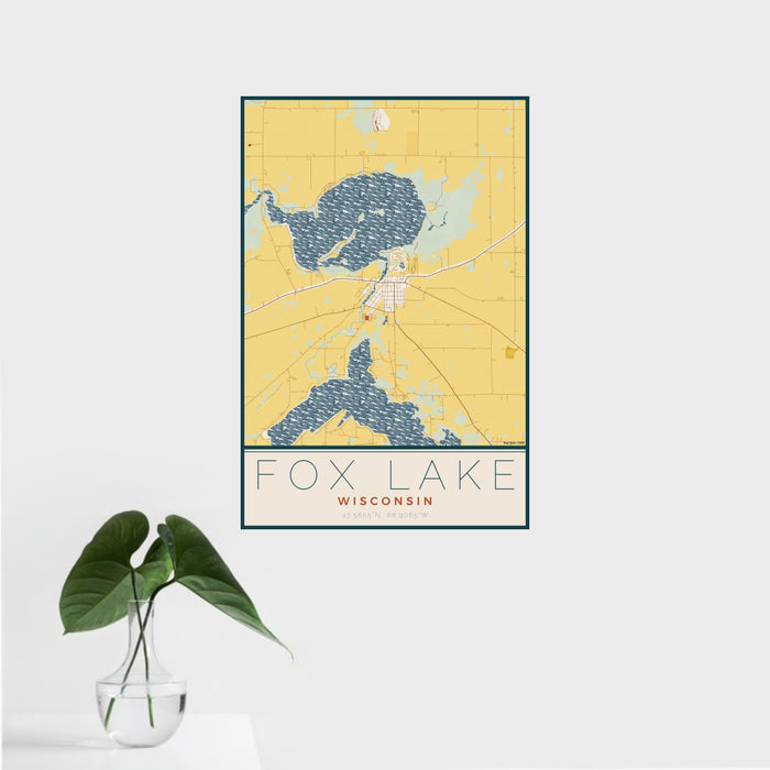 16x24 Fox Lake Wisconsin Map Print Portrait Orientation in Woodblock Style With Tropical Plant Leaves in Water