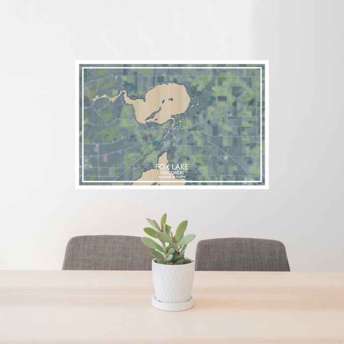 24x36 Fox Lake Wisconsin Map Print Lanscape Orientation in Afternoon Style Behind 2 Chairs Table and Potted Plant