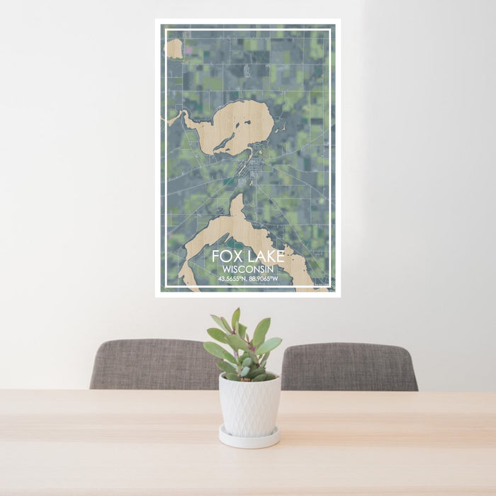 24x36 Fox Lake Wisconsin Map Print Portrait Orientation in Afternoon Style Behind 2 Chairs Table and Potted Plant