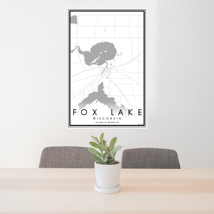 24x36 Fox Lake Wisconsin Map Print Portrait Orientation in Classic Style Behind 2 Chairs Table and Potted Plant