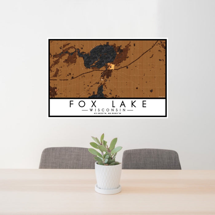 24x36 Fox Lake Wisconsin Map Print Lanscape Orientation in Ember Style Behind 2 Chairs Table and Potted Plant