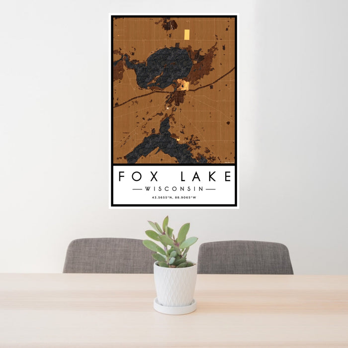24x36 Fox Lake Wisconsin Map Print Portrait Orientation in Ember Style Behind 2 Chairs Table and Potted Plant
