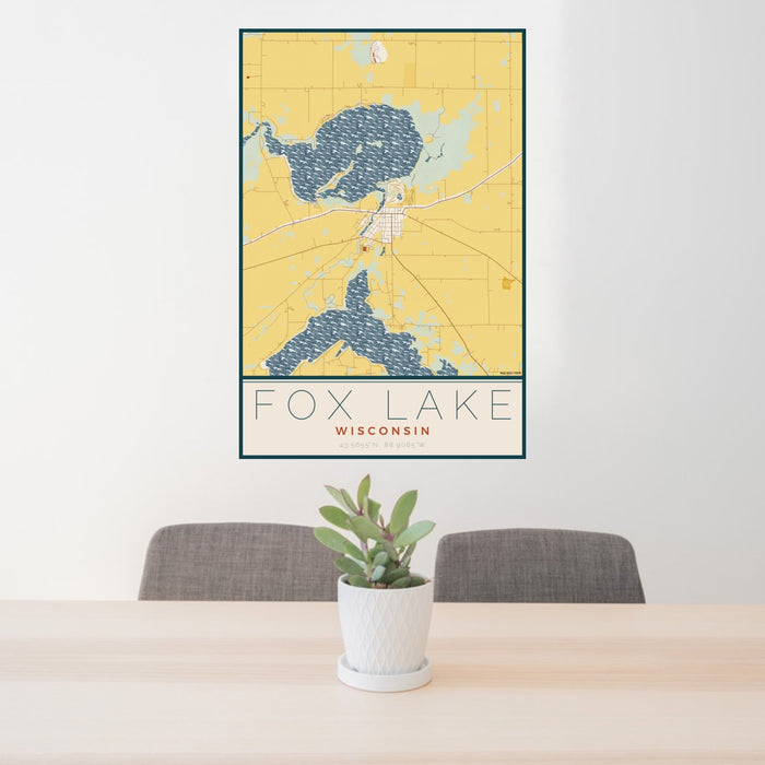 24x36 Fox Lake Wisconsin Map Print Portrait Orientation in Woodblock Style Behind 2 Chairs Table and Potted Plant