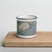 Front View Custom Fox Lake Wisconsin Map Enamel Mug in Afternoon on Cutting Board