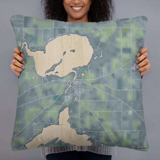 Person holding 22x22 Custom Fox Lake Wisconsin Map Throw Pillow in Afternoon