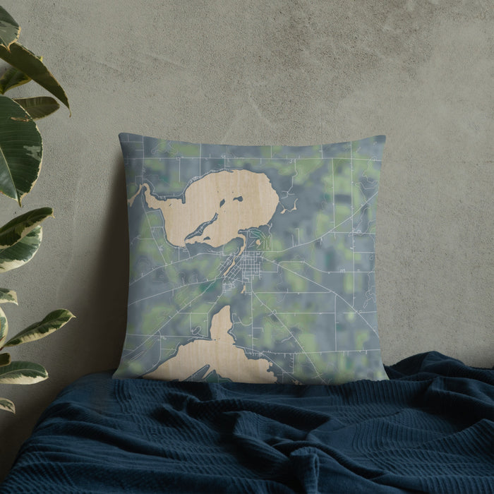 Custom Fox Lake Wisconsin Map Throw Pillow in Afternoon on Bedding Against Wall