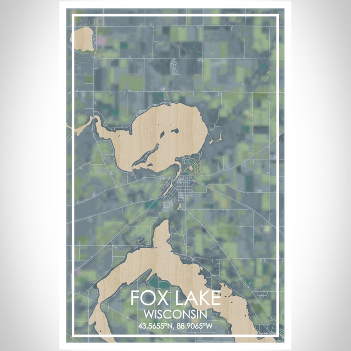 Fox Lake Wisconsin Map Print Portrait Orientation in Afternoon Style With Shaded Background