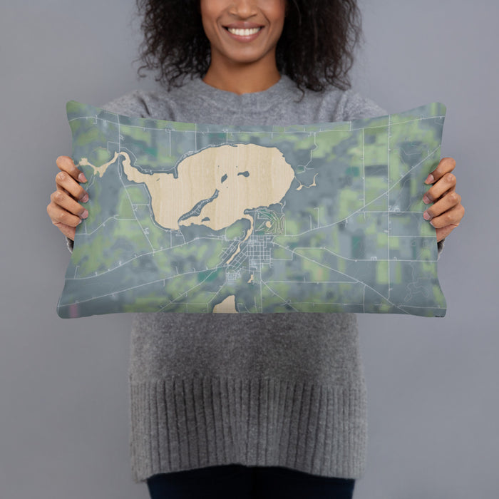 Person holding 20x12 Custom Fox Lake Wisconsin Map Throw Pillow in Afternoon