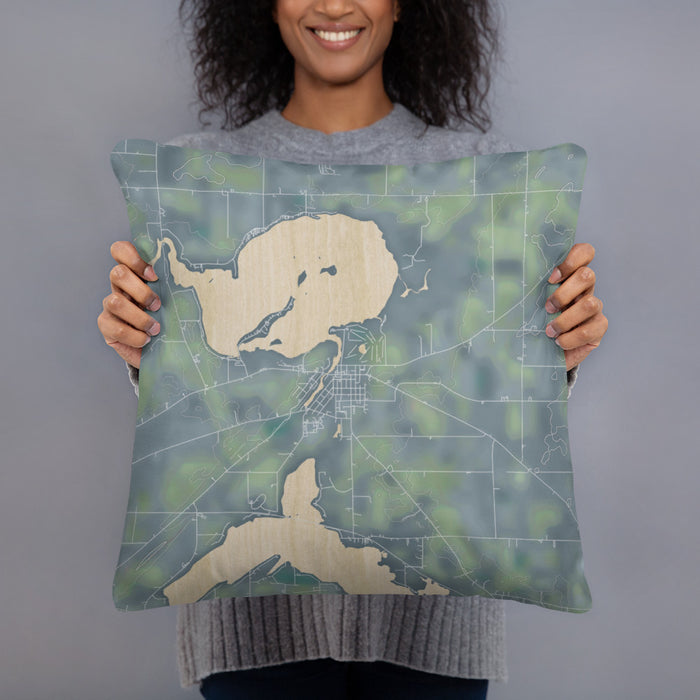 Person holding 18x18 Custom Fox Lake Wisconsin Map Throw Pillow in Afternoon