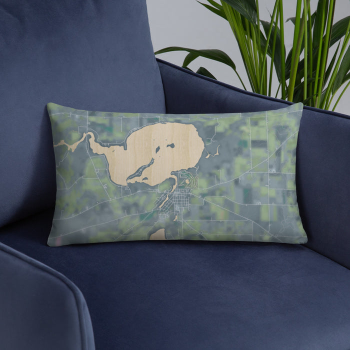 Custom Fox Lake Wisconsin Map Throw Pillow in Afternoon on Blue Colored Chair