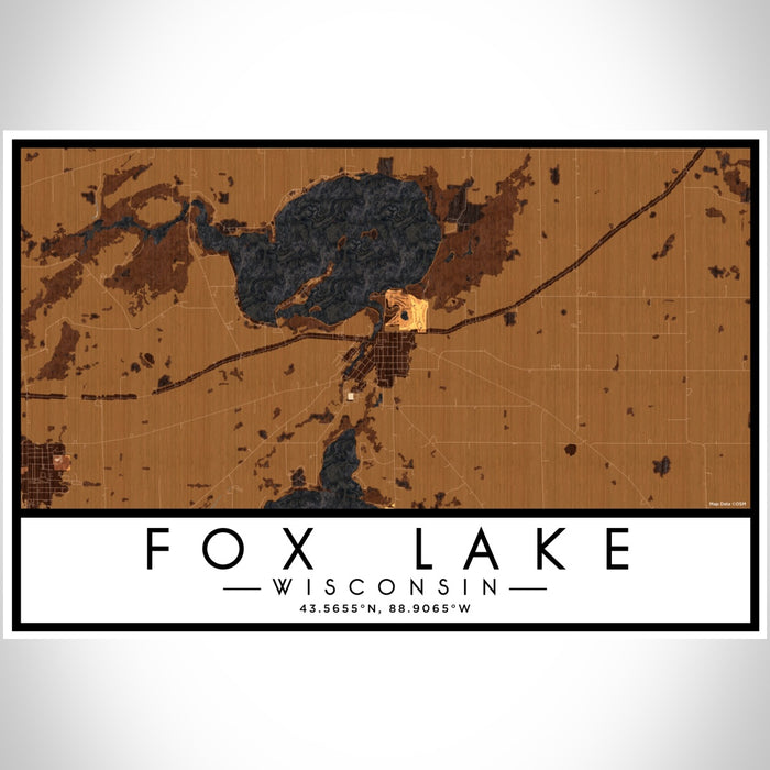 Fox Lake Wisconsin Map Print Landscape Orientation in Ember Style With Shaded Background
