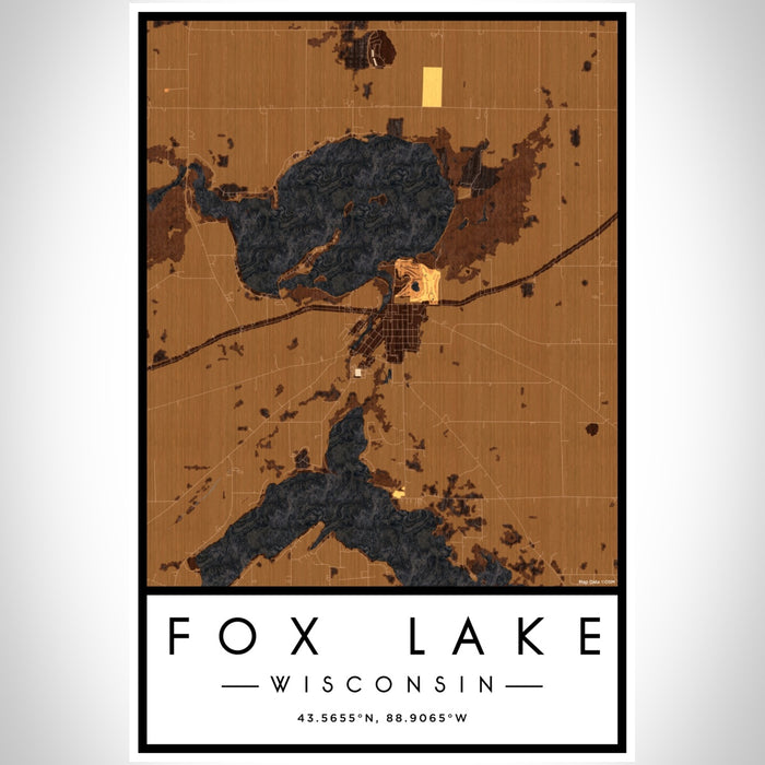 Fox Lake Wisconsin Map Print Portrait Orientation in Ember Style With Shaded Background