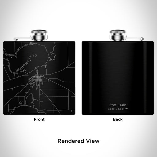 Rendered View of Fox Lake Wisconsin Map Engraving on 6oz Stainless Steel Flask in Black