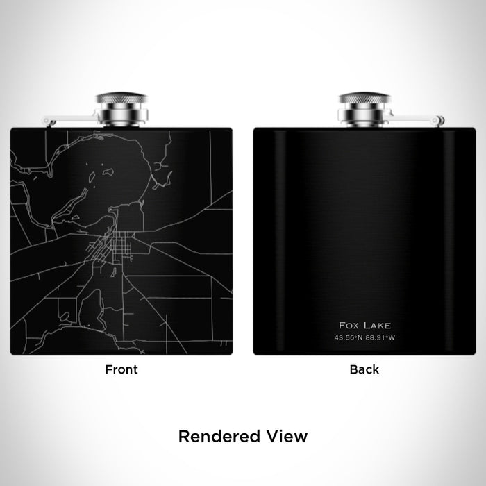 Rendered View of Fox Lake Wisconsin Map Engraving on 6oz Stainless Steel Flask in Black